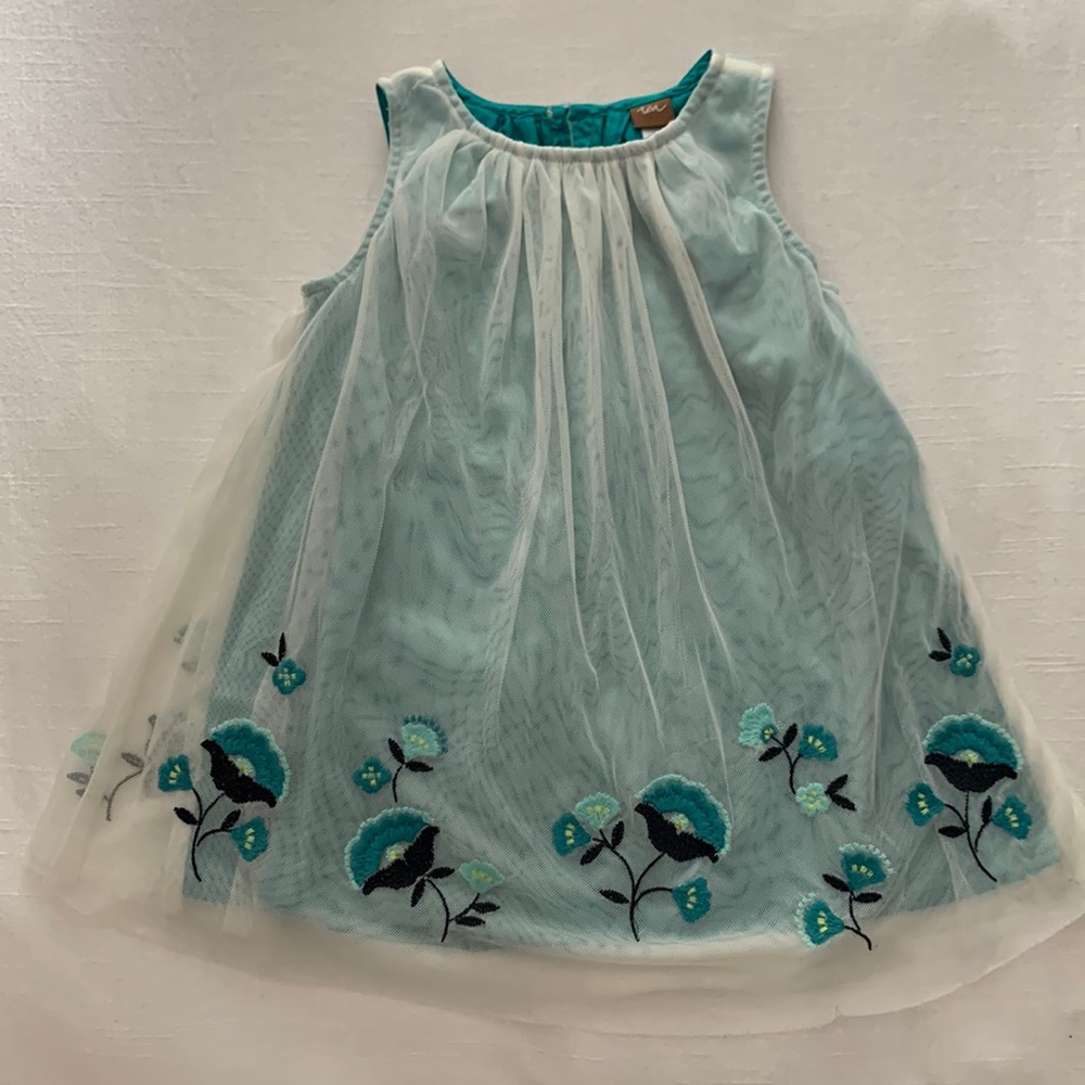 Tea Collection 2T Turquoise dress with sheer overlay and floral embroidery